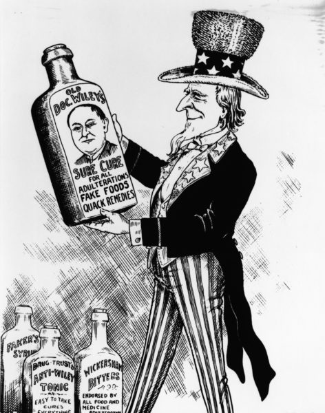 Cartoon of Uncle Sam with dubious cure-all remedy